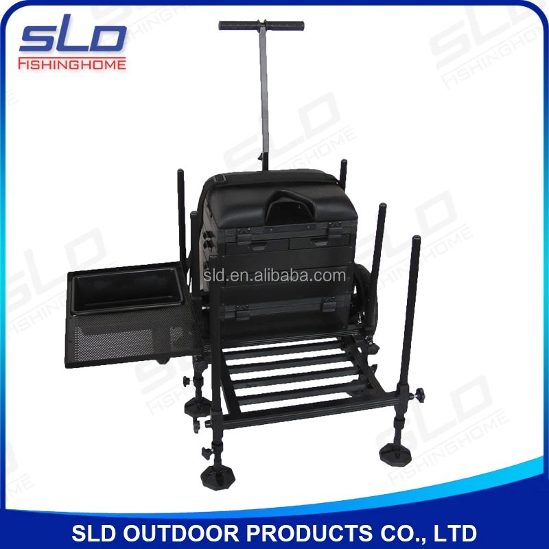 with footplate and side tray for match pole fishing carp & ground fishing seat stool box