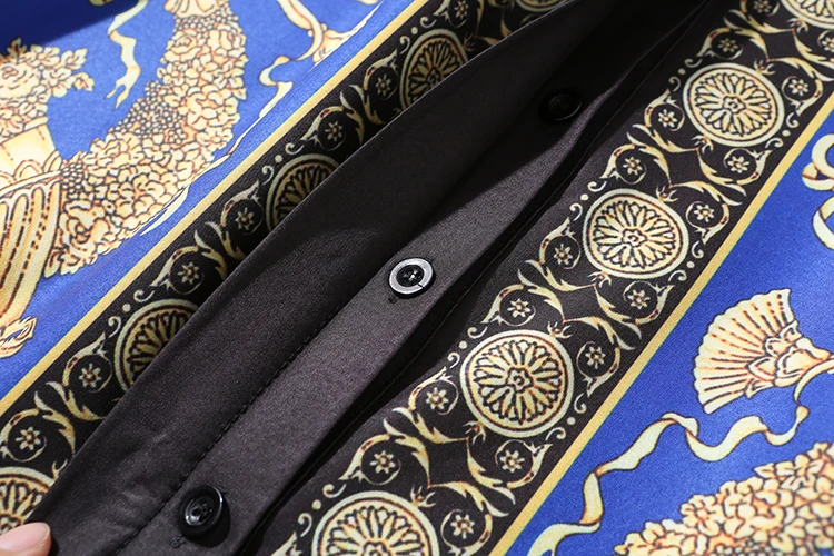 
European and American Women Fashion Brand New Pattern Print Belt Waist Knee Length Shirt Dress Two Colors 