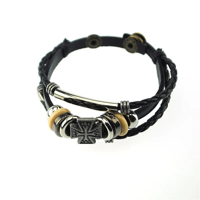 Cheap Wholesale Mens Punk Anchor wristband Skull Charms Leather Wrap fashion Men Bracelet leather