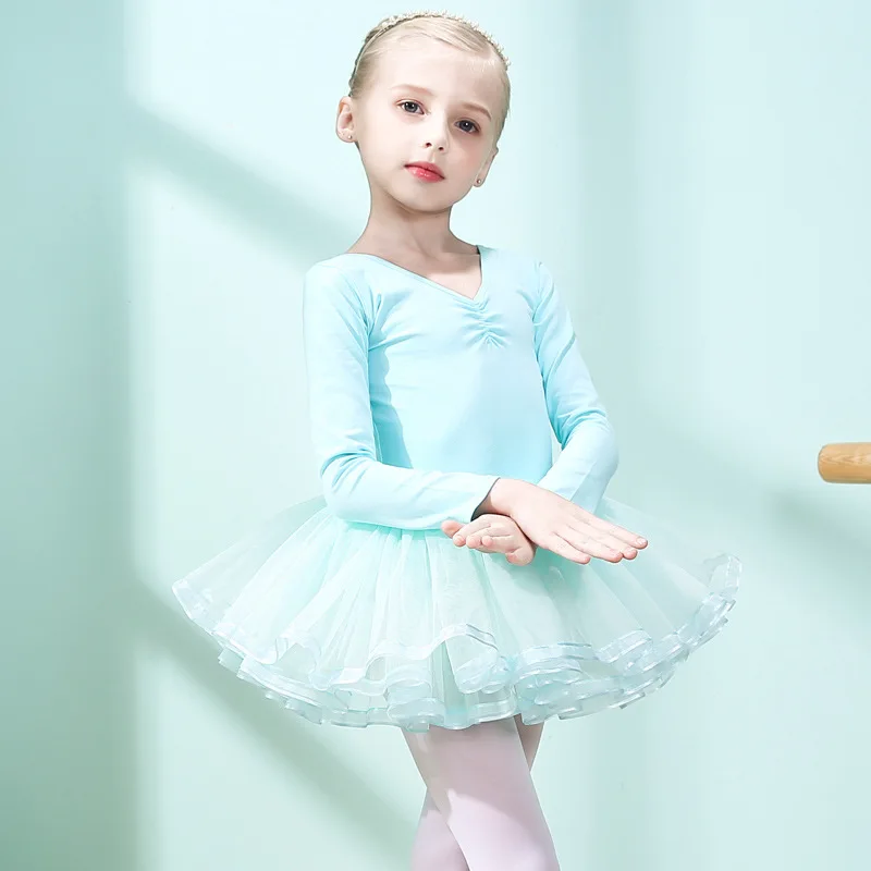 Kids Girls Long Sleeve Ballet Dress for Gymnastics Professional Ballet Tutu Children Costume Ruffle Dress Teen Girls Dance Dress