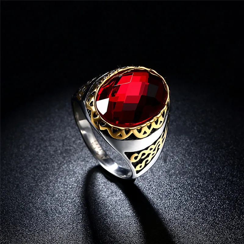 
2019 Latest Gold Plated Men Ring Red Glass Stone Ruby Stainless Steel Rings Gifts 