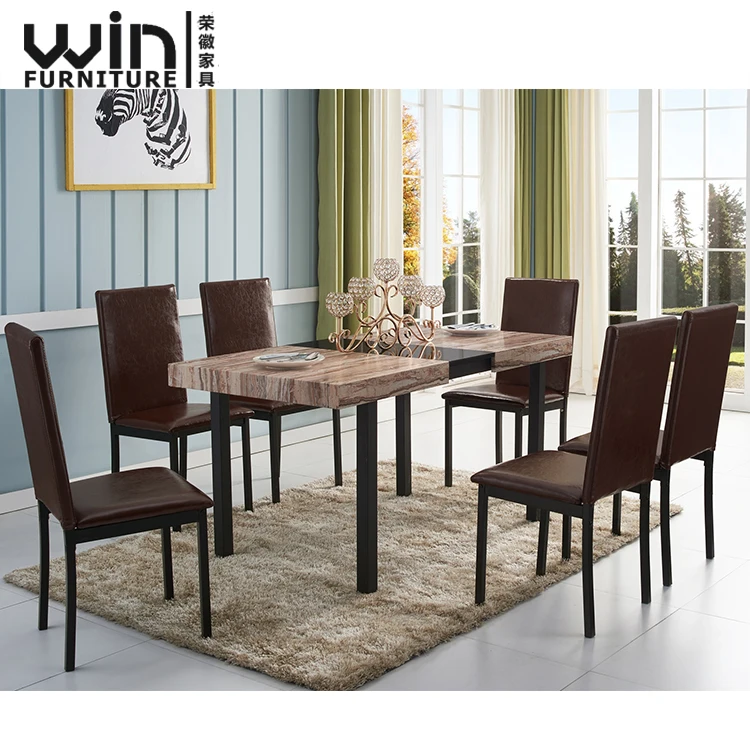 
Home Use 6 Seater Dining Table Modern Extendable Table Top with Metal Base 
