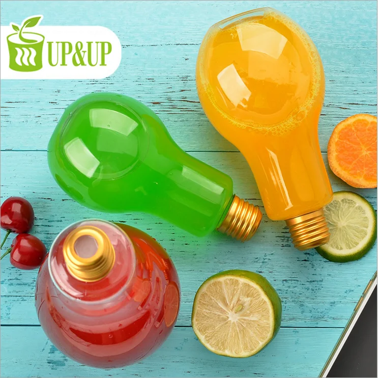 300ml 10oz Juice Coffee Beverage Disposable Light Bulb Shape PET Plastic Bottle With Led Lamp For Decorated