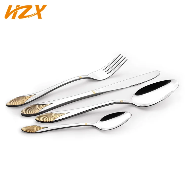 Popular reusable wedding  gold cutlery set knife spoon fork flatware set juego de cubiertos con filo dorado gold plated cutlery