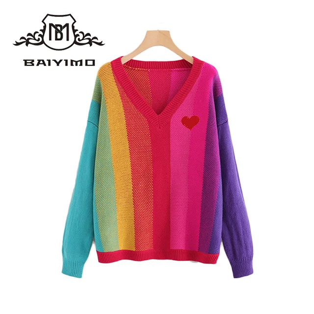 2018 Girl Autumn Color Rainbow Block V Neck Knitted Women Pullover Basic Sweaters