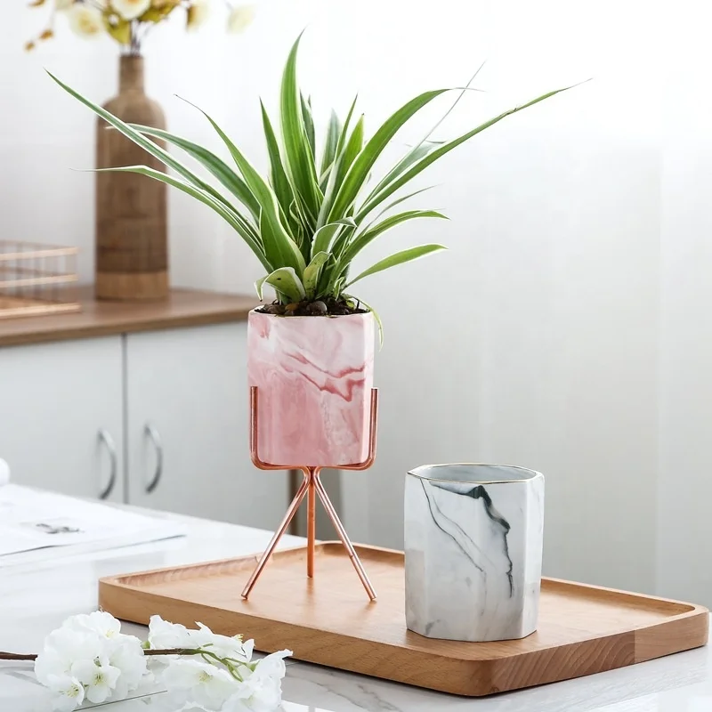 Amazon iron stand morden pot marble ceramic flower pot Octagon shape succulent pot