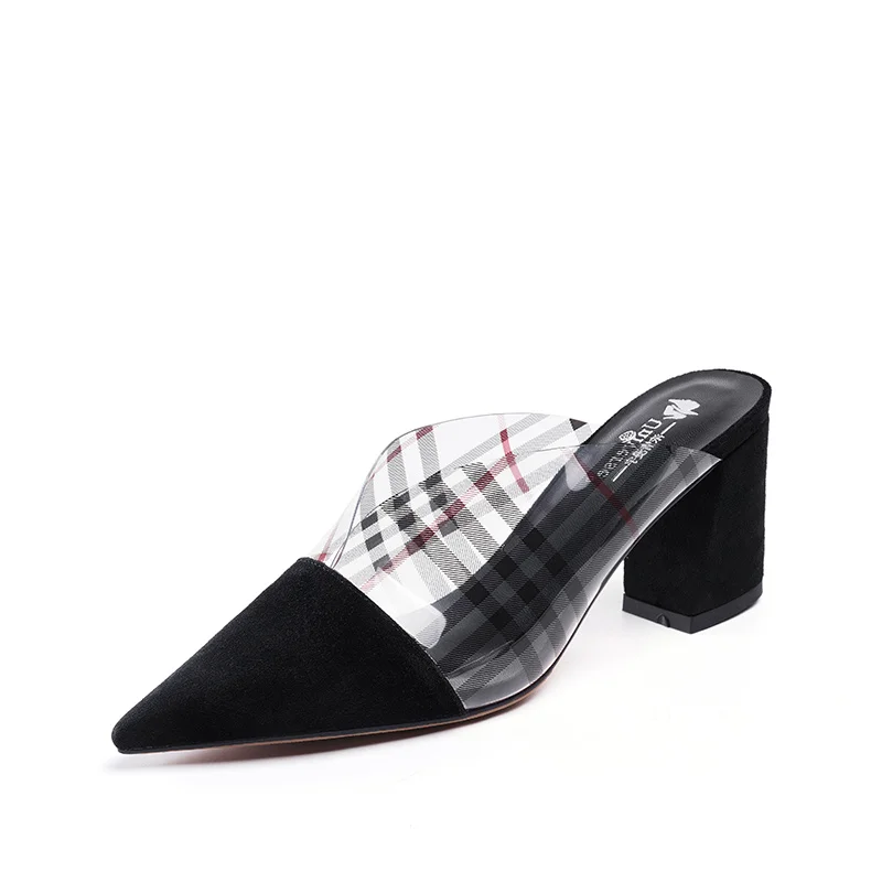 J094 pointed toe mules shoes women heels kid suede ladies slippers