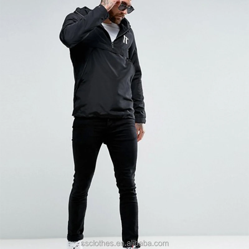 
New design fashion solid Hooded neck overhead half zip black windbreaker 