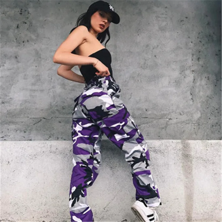 Women Fashion Unique Camouflage trousers  High Waist Women Loose Trousers cargo Pants ZJ033