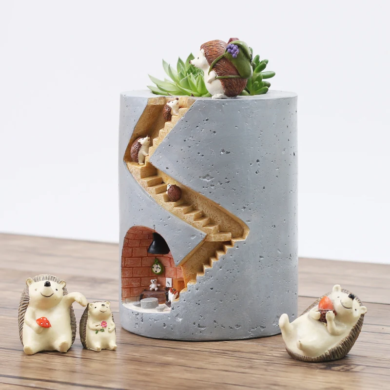 ROOGO Fairy Garden Unique Imitation Concrete Resin Plant Holder Small Planter Succulent Bonsai Pots Pen Holder Kids Gifts