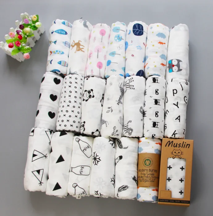 120cm Square Bamboo Cotton Custom Printed Muslin Swaddle In Cardboard Wrap Packaging