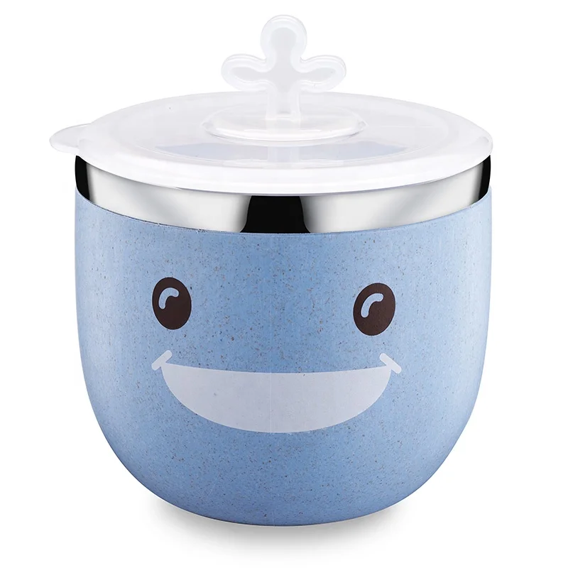 Double Wall Insulated Wheat Fiber&Stainless Steel 240ML Sippy Cup Cute Baby Cups With Silicone Lids