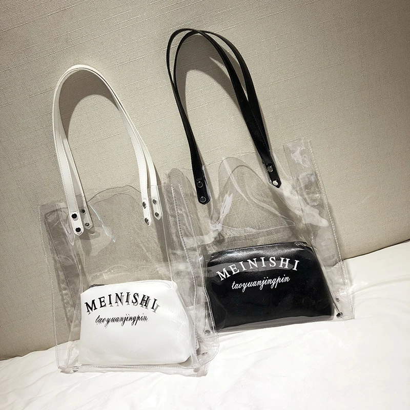 
Women Tote 2pcs Set Bags Transparent PVC Plastic PU Clear Bag 