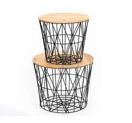 
modern metal iron wire coffee table round side table with MDF wood cover 