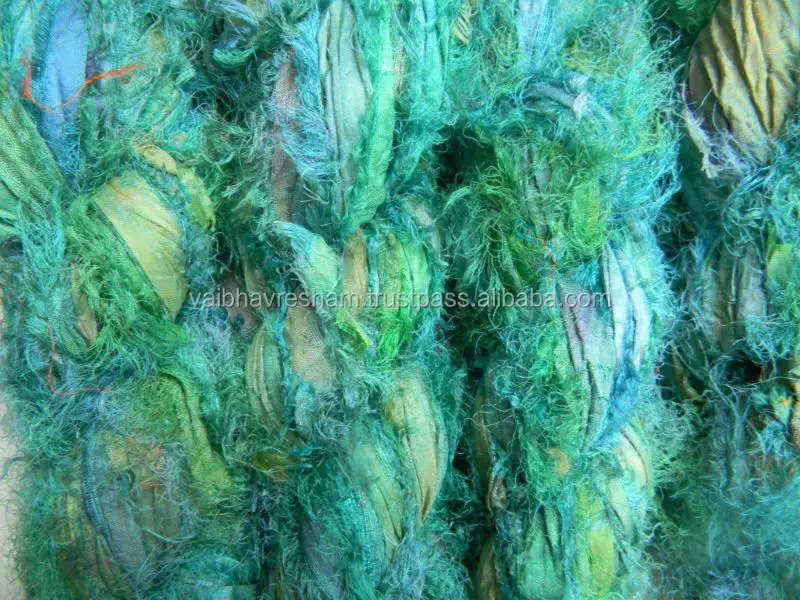 Recycled Sari Silk Dark Forest Green Fuzzy Ribbon For Knitting & Craft Work