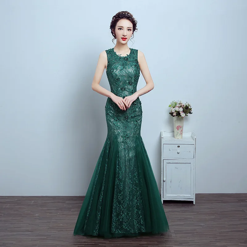 
Q027 Sleeveless Deep Green wedding evening party dress Elegant Lace Mermaid Mother of Bride Dress 