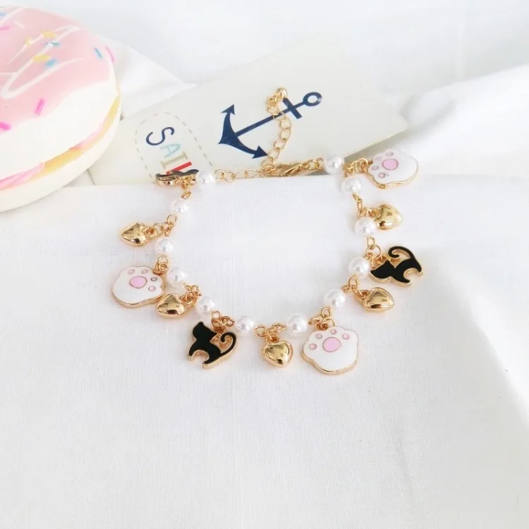 Multi Styles Available Fancy Gold Hand Chain Pearl Cat Charm Bracelet Design Women Girls