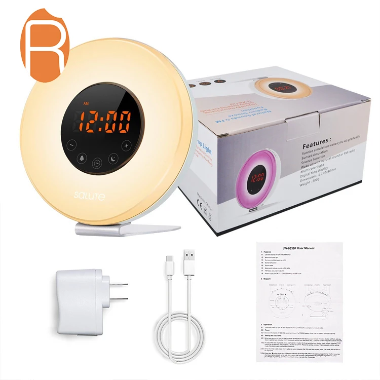 7 nature sound and snooze light led sunlight radio digital sunrise alarm clock with sunset simulation