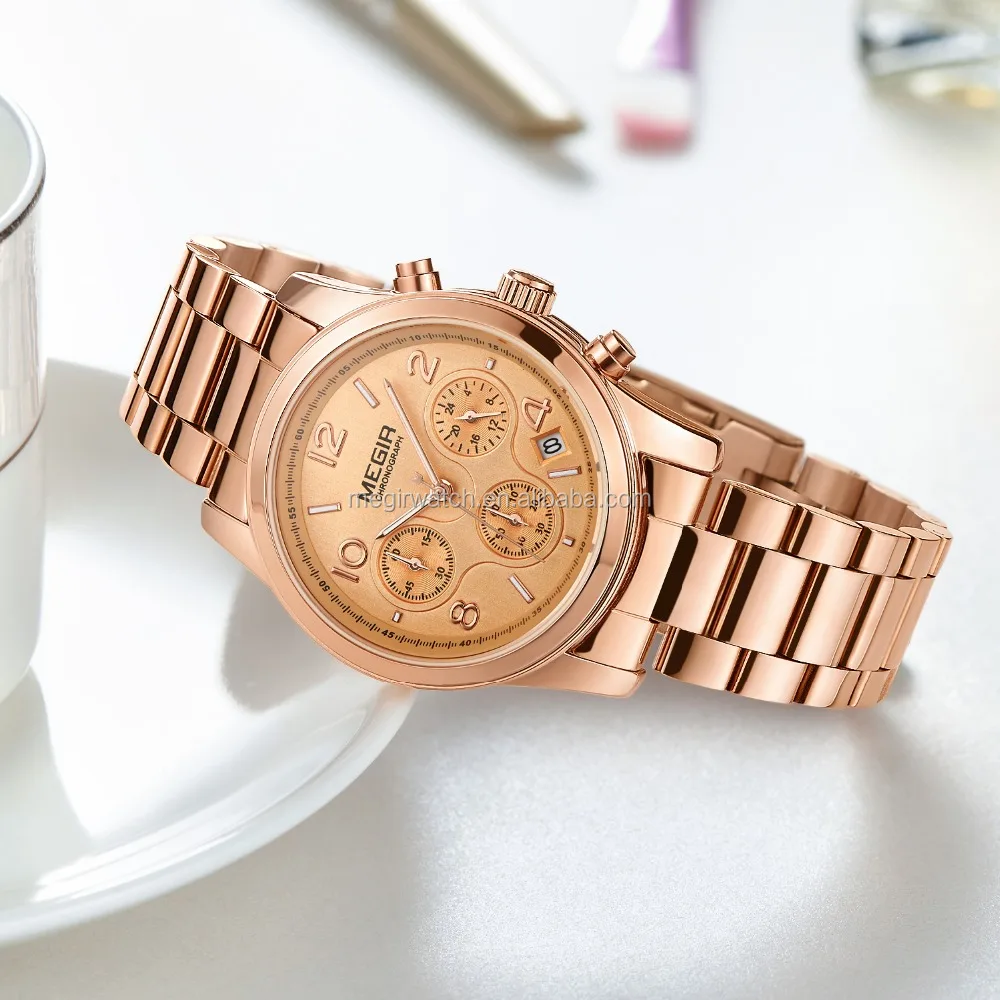 Megir factory girl latest hand watch jam tangan wanita chinese wholesale women wristwatch sports style chrono rose gold watches