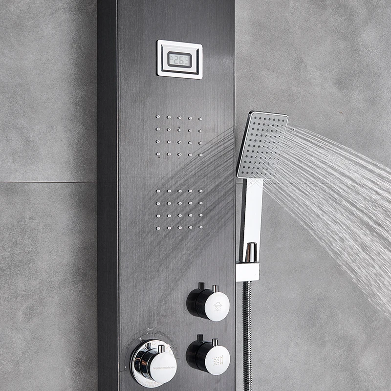 Black Bathroom Rain Shower Panel Brushed Nickel Shower Column Tub Hand Shower Wall Panels with Massage