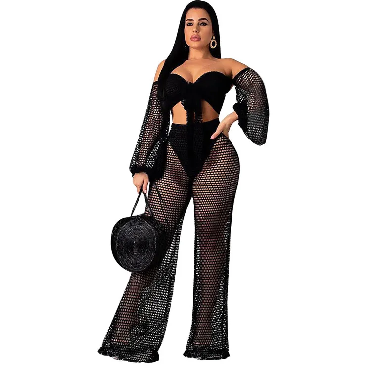 
Mesh off shoulder swim cover up top beach pants 
