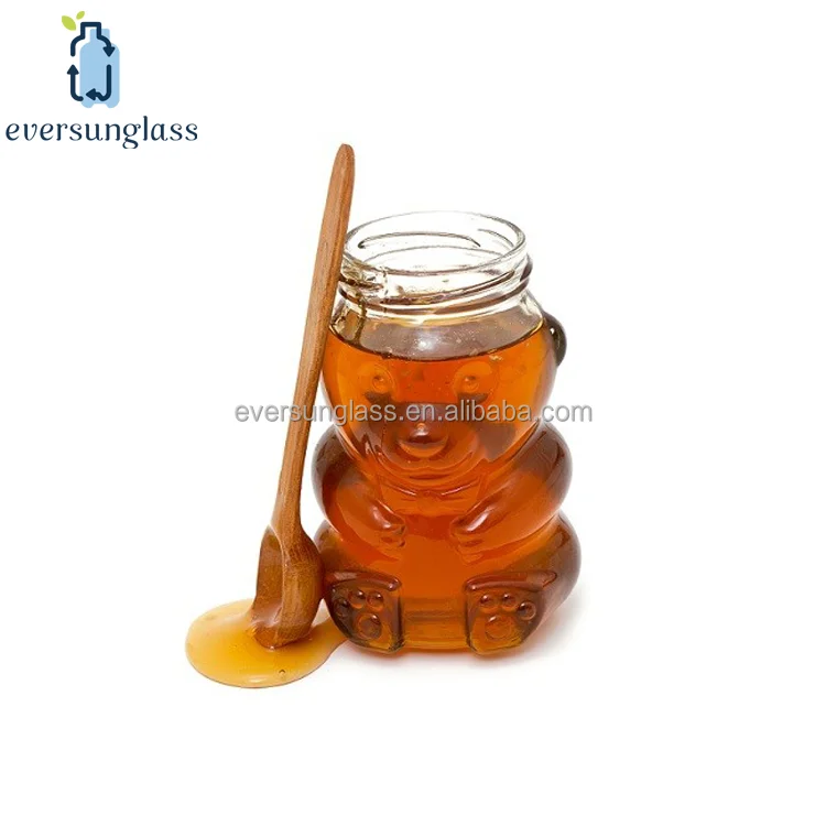 300g Bear Shape Glass Honey Bottles/Jars with Metal Cap and Dipper