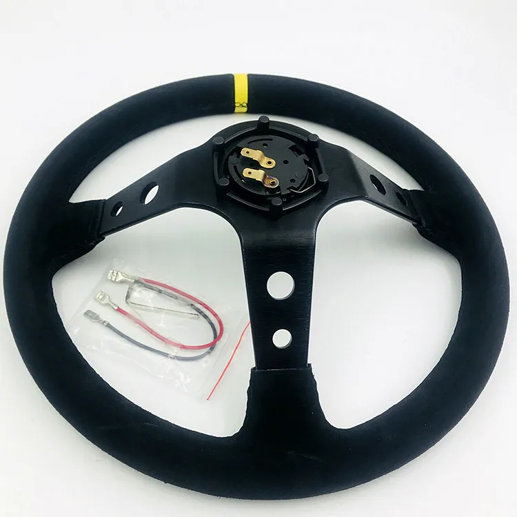 350mm 3 Inches Deep Dish 6 Hole Racing Steering Wheel Black Leather Yellow Pointer with Horn Button