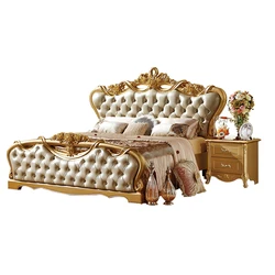 Luxury  Design Bedroom Furniture Golden color King Size Wooden Leather Bed