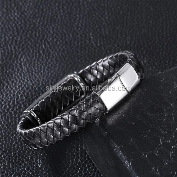 Latest Design Wide Braided Leather Bracelet men engraved metal plates Black Genuine Bangle with Stainless Steel Magnetic Clasp