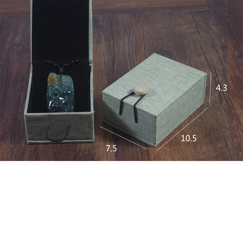 New arrival custom logo flax pendant box velvet flocked wooden jewelry box colorful linen jewelry packaging box with button