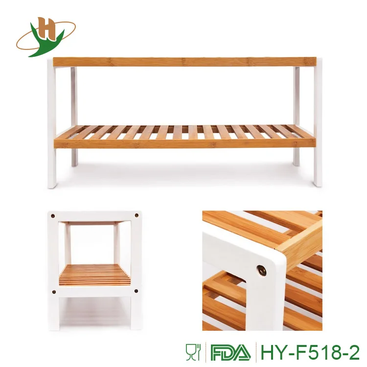 Free stand 2 tier storage shelf design holds up 8 pairs bamboo shoe rack with pine wood frame