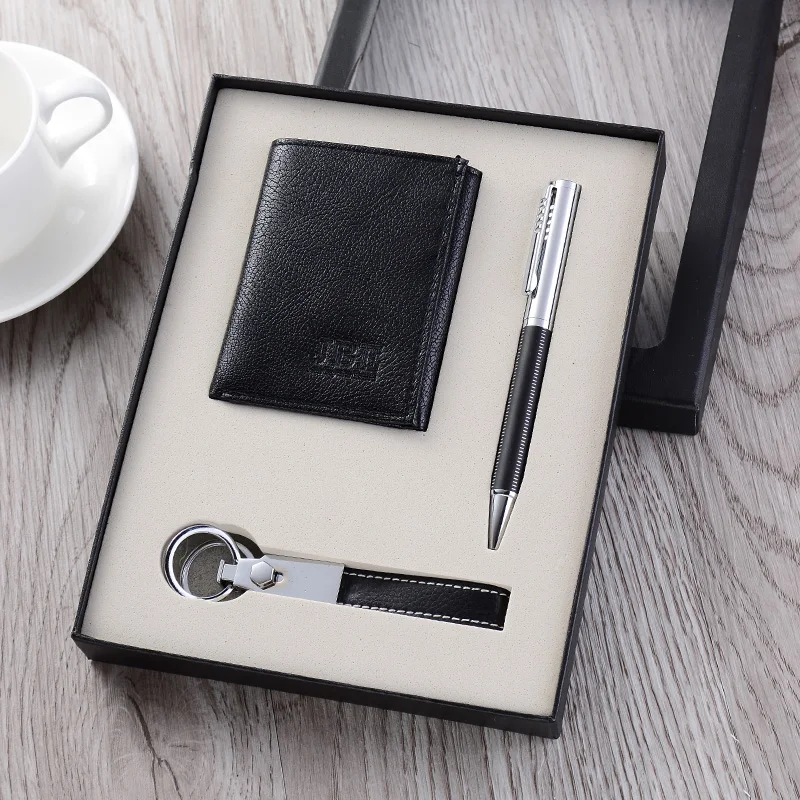 
3 in 1 classical company business gifts pu wallet pen keychain set packaging with customized logo 