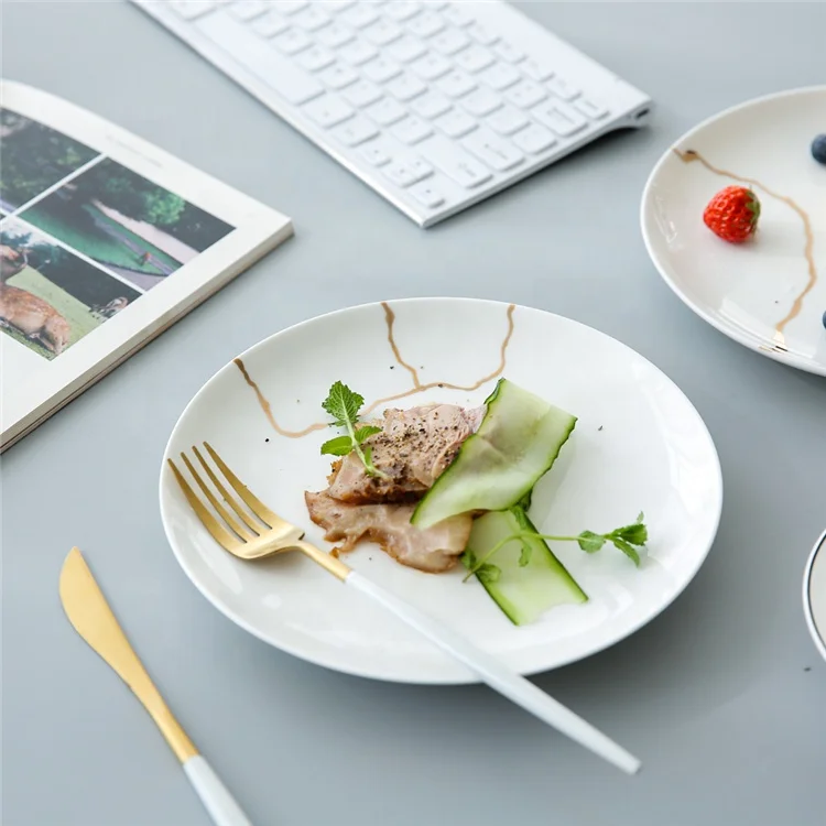 Elegant design wholesale wedding white porcelain flat plate  with gold intersperse