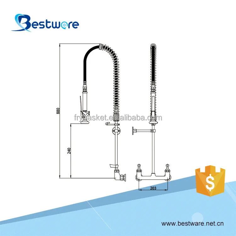 Brushed Goose Neck Sample Wall Splash Mount Water Faucets Spring Loaded Rinser with Move Hose Prerinse Watermark Sink
