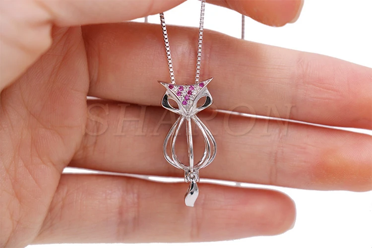 Romantic Charming Women Crystal Fox Pearl Sterling Silver Cage Pendant