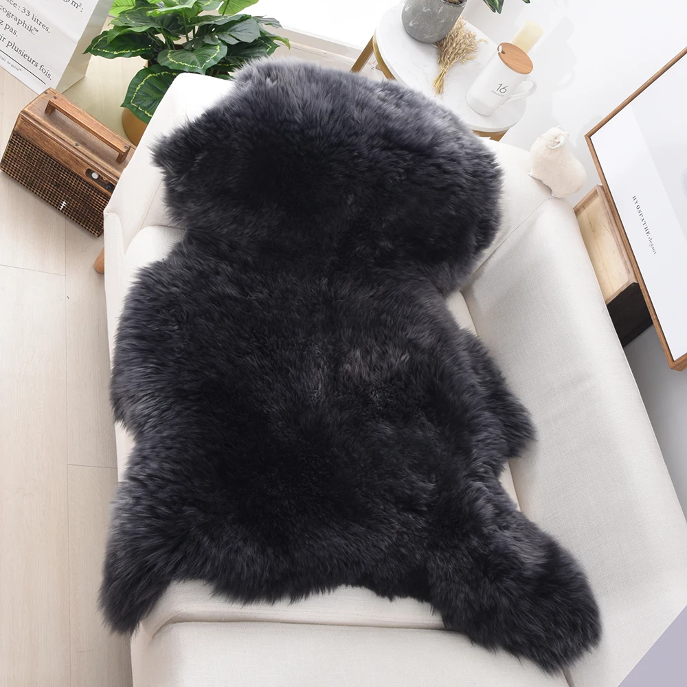 OGLAND Natural Fur Fluffy Long Wool Carbon Black Genuine Sheepskin Rug 2x3,  Single Pelt Luxury Authentic Fur Area Rug