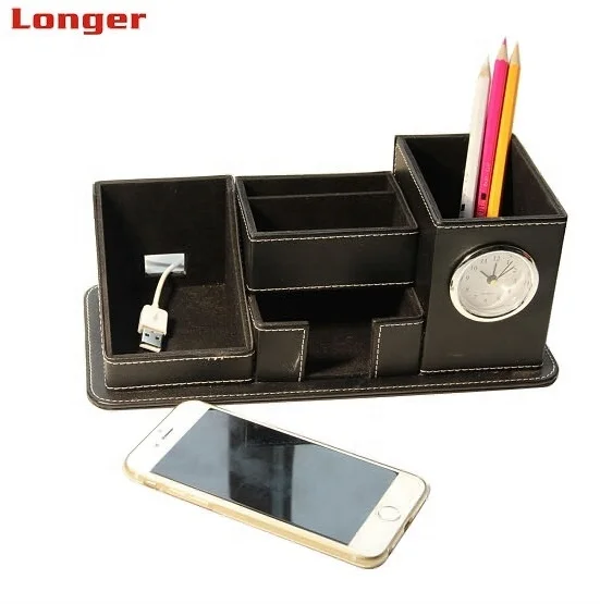 LG-B050 Custom Logo Personalized Office Stationary Desk Pen Holder  PU Leather Table Pen Holder With Alarm Clock