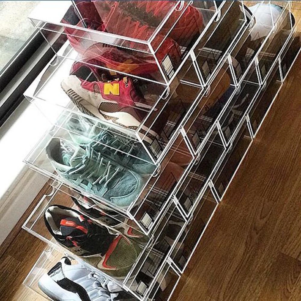 Langel uses custom badges for customization  stackable transparent acrylic storage for Nike shoe boxes
