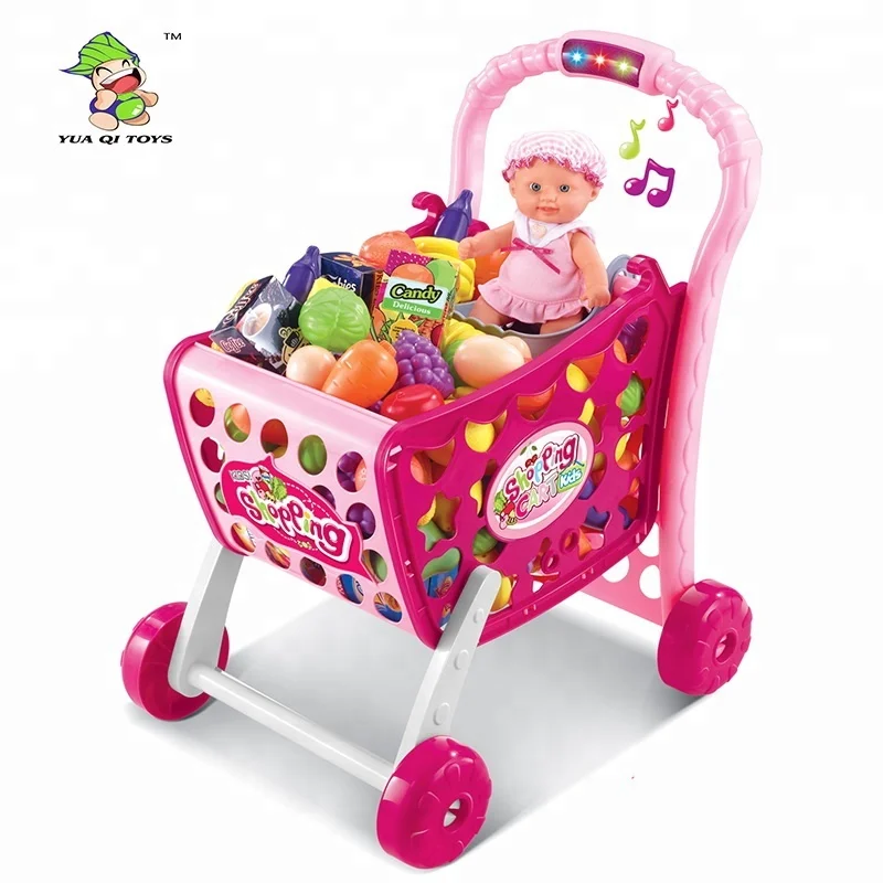 Kids Shopping Cart Play Set Plastic Food Toys Fruit Vegetables Pretend Play Shop Shopping Cart Toy