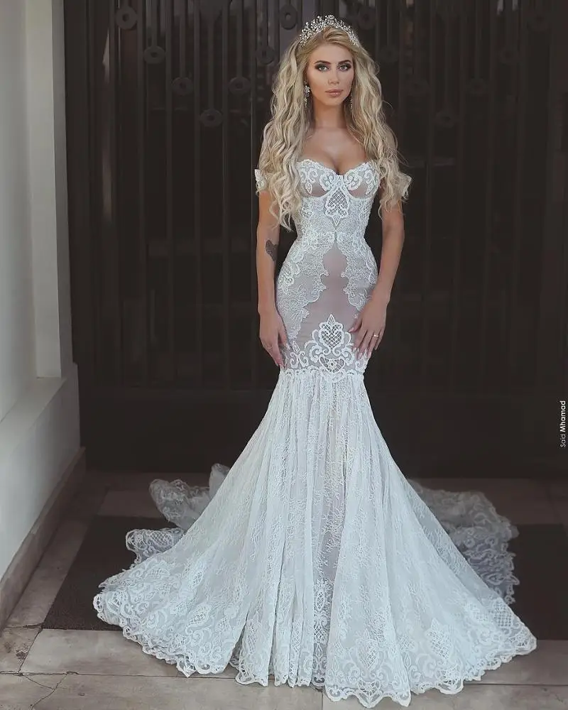 off shoulder sweetheart fashion  western long tail lace vestidos de novia bride dress sexy mermaid bridal gowns  wedding dress