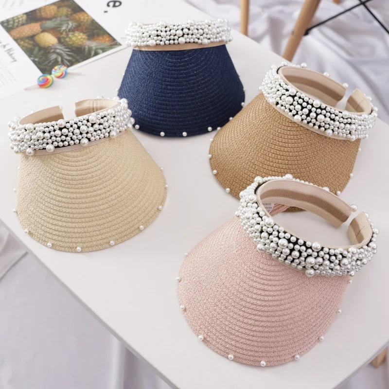 2019 hot selling korean version summer children sunscreen net red handmade pearls empty top baby outdoor beach hat