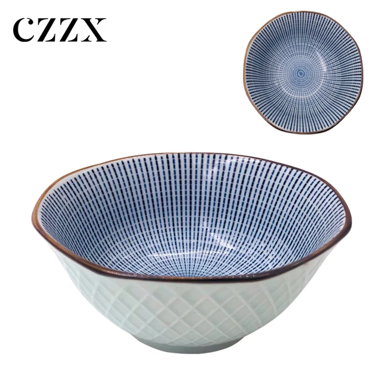 Китайская фабрика, оптовая продажа, 5 дюймов, внутренняя синяя восьмиугольная керамическая японская миска с тиснением под глазурью для лапши, супа, риса