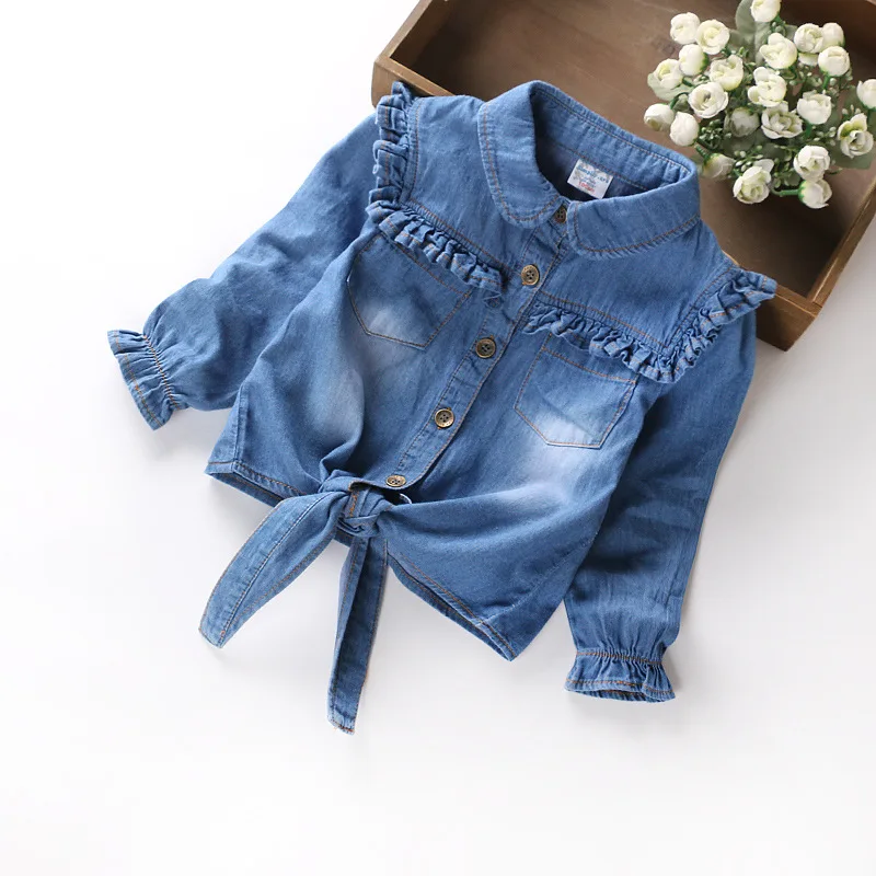 B21925A Осенняя детская одежда оптом джинсовая рубашка с длинным рукавом для девочек