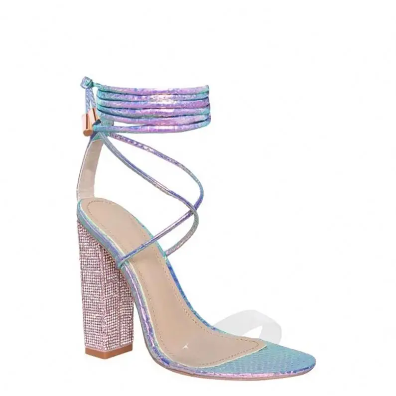 
Women Gladiator Ankle Strap Clear Rhinestone Lace Up Chunky High Heel Snake Skin Strappy Sandals 