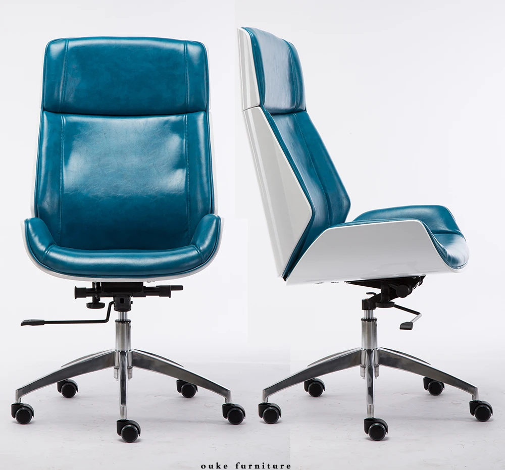 
Blue Leather High Back tall white veneer bentwood Executive Office Chair 