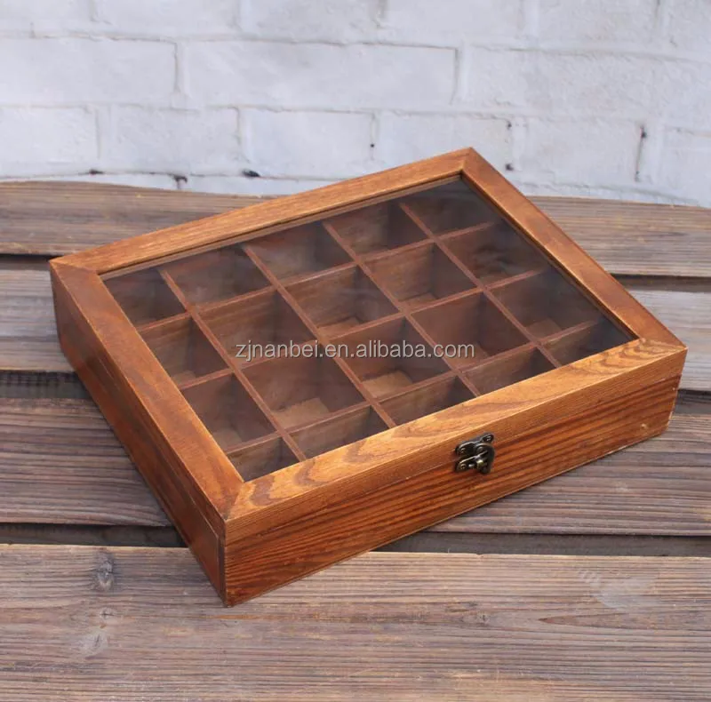 Antique made Plastic window Solid wood dividers box for tea bags