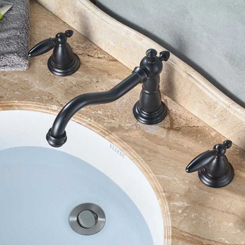 
Brand New Oil Rubbed Bronze Basin Faucet Deck Mounted Widespread Brass Dual Handle 3 Holes Bathroom Hot Cold Water Mixer Tap 