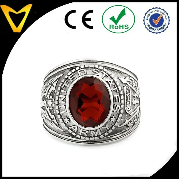 Army Mens 5.0ct Siam Ruby CZ USA Army Military Signet Ring, Stainless Steel Military Ring, Mens Large Ring With Stone