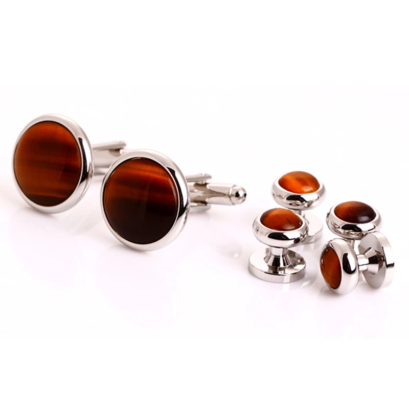 TIGERS EYE CUFFLINK SET FORMAL SET IN SILVER