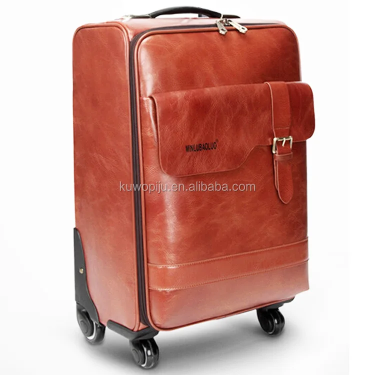 3pc brown leather Rolling Trolley Bag brown leather carry on leather luggage for men